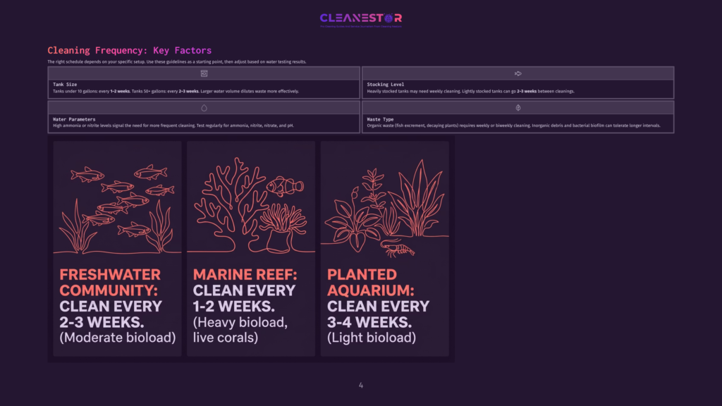 4 Cleaning Frequency Key Factors Infographic Detailing Aquarium Cleaning Frequency: Freshwater Community (2-3 Weeks), Marine Reef (1-2 Weeks), Planted Aquarium (3-4 Weeks). Includes Tank Size, Stocking Level, And Waste Type.