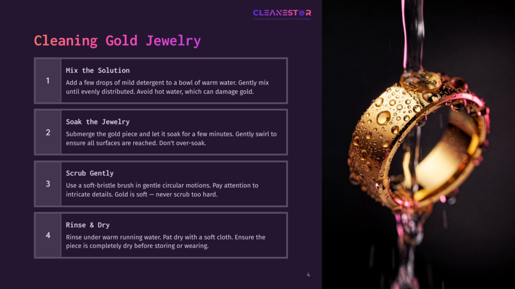 A Close-Up Of A Gold Ring With Water Droplets, Alongside Cleaning Tips In White Text On A Dark Purple Background.