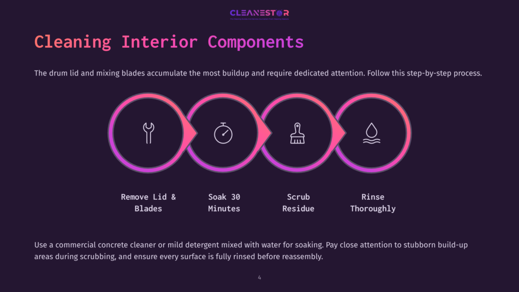 Diagram Illustrating The 4-Step Cleaning Process For Interior Components Of A Concrete Mixer: Remove Lid &Amp; Blades, Soak 30 Minutes, Scrub Residue, And Rinse Thoroughly. Text Details The Step-By-Step Cleaning Instructions.