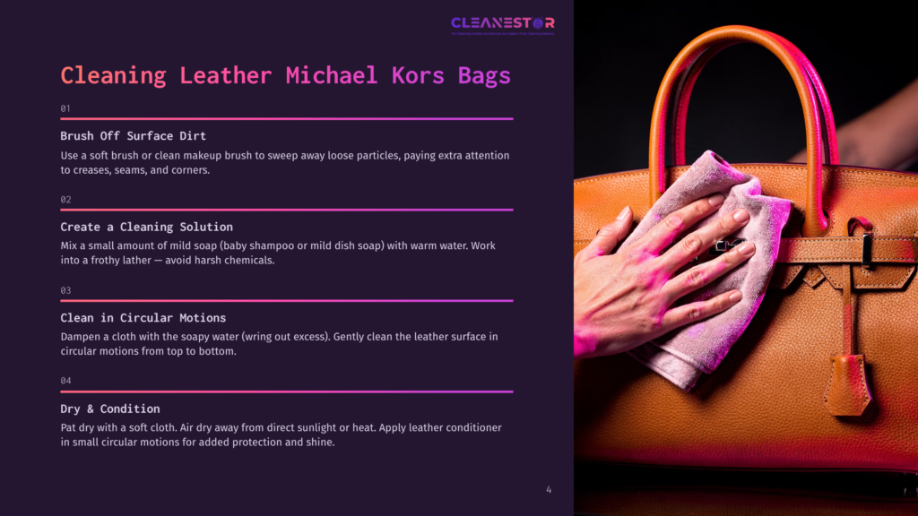 Steps For Cleaning A Leather Handbag, Featuring A Tan Michael Kors Bag, A Cloth, And Text Instructions In A Bold Layout.