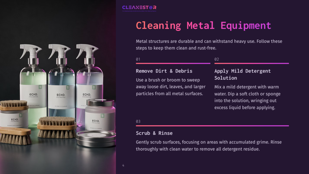 4 Cleaning Metal Equipment Four Spray Bottles Of Cleaning Solution, Two Brushes, And A Metal Tin Sit On A Wooden Surface, With The Cleanestor Logo Visible On The Bottles.