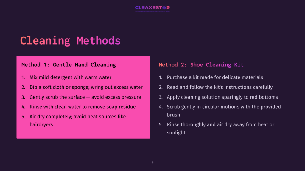 Text Instructions On Cleaning Methods For Shoes, Featuring A Pink Header And Black Text On A White Background, With Numbered Steps.