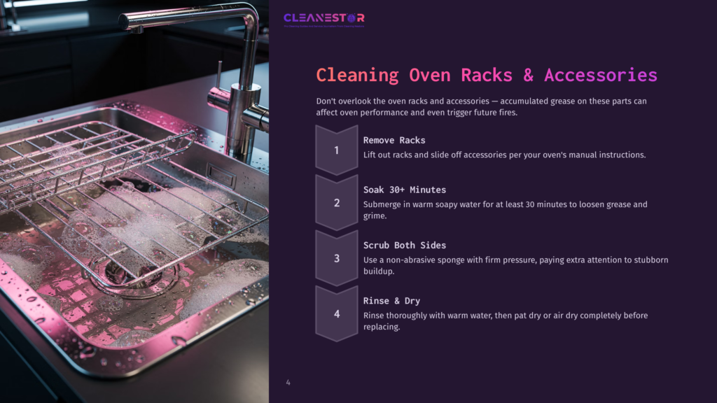 Cleaning Oven Racks In A Sink, With Text Explaining The Cleaning Process: Remove Racks, Soak 30+ Minutes, Scrub Both Sides, Rinse &Amp; Dry. The Text &Quot;Cleanestor&Quot; Is Visible.