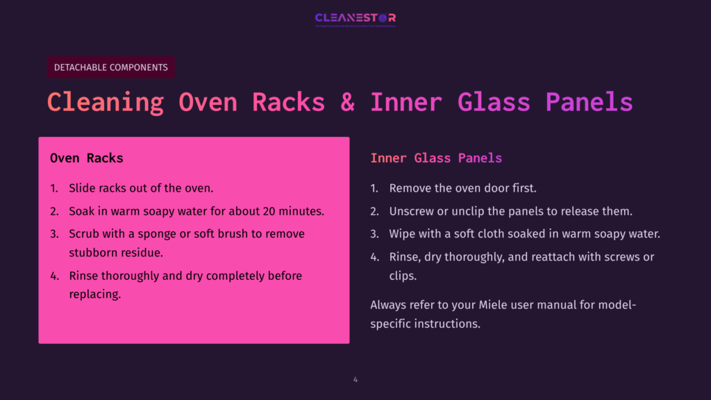 Instructions For Cleaning Oven Racks And Inner Glass Panels. The Left Side Details Steps For Oven Racks, Including Soaking And Scrubbing. The Right Side Outlines Cleaning Inner Glass Panels, Emphasizing Removal And Reattachment.