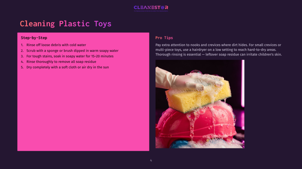 4 Cleaning Plastic Toys Close-Up Of Gloved Hands Scrubbing A Pink Plastic Toy With A Yellow Sponge In Soapy Water, With Bubbles And Foam Surrounding The Toy.