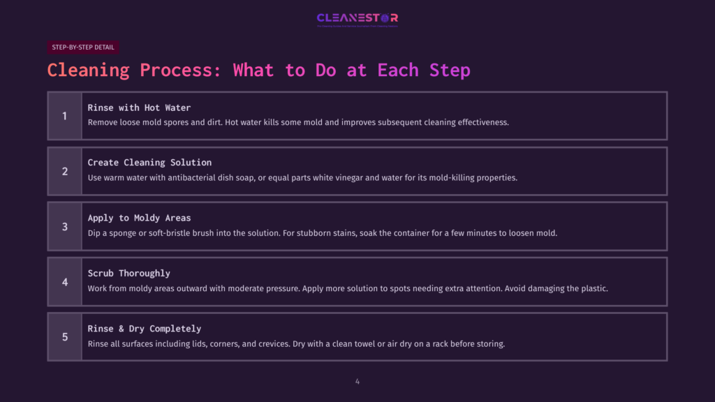 Infographic Detailing A 5-Step Cleaning Process For Mold Removal, Including Rinsing With Hot Water, Creating A Cleaning Solution, Applying It To Moldy Areas, Scrubbing Thoroughly, And Rinsing And Drying Completely.