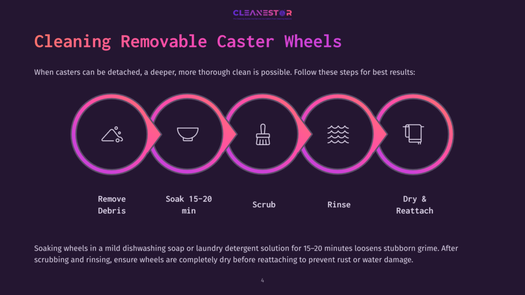 4 Cleaning Removable Caster Wheels Graphic Outlining Steps To Clean Removable Caster Wheels, Featuring Pink Icons For Each Step: Remove Debris, Soak, Scrub, Rinse, Dry, And Reattach.