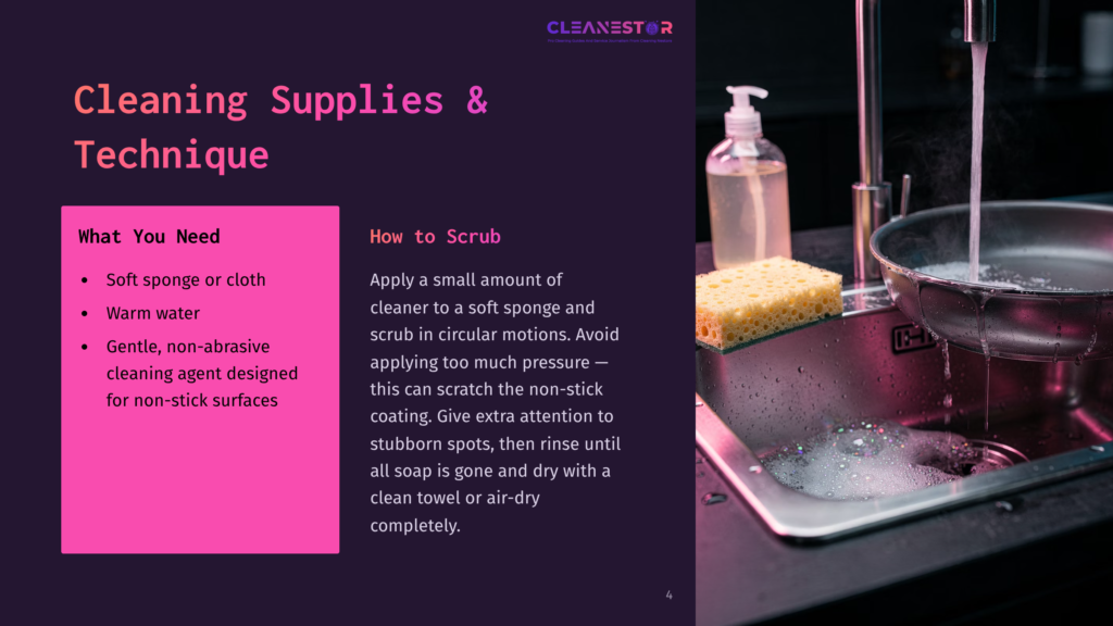 A Sink With A Metal Pan, A Soft Sponge, A Yellow Scrub Pad, And A Bottle Of Cleaner. Surrounding Text Details Cleaning Supplies And Technique.