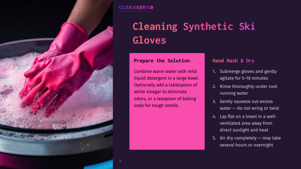 4 Cleaning Synthetic Ski Gloves A Person In Pink Gloves Is Submerged In A Bowl Of Soapy Water, With A Focus On Cleaning Synthetic Ski Gloves.