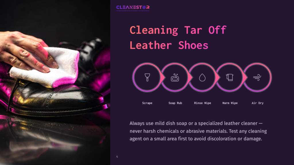 4 Cleaning Tar Off Leather Shoes Close-Up Of A Hand In A White Cloth Gently Cleaning Black Leather Shoes, With A Graphic Overlay Showing Steps: Scrape, Soap Rub, Rinse Wipe, Warm Wipe, Air Dry. Text: Cleanestor, Cleaning Tar Off Leather Shoes.