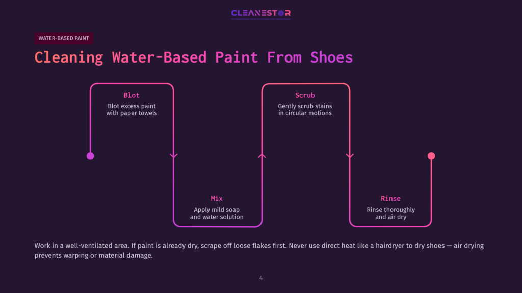 4 Cleaning Water Based Paint From Shoes Flowchart Outlining Steps To Clean Water-Based Paint From Shoes: Blot, Mix, Scrub, And Rinse, With Clear Instructions And Icons.
