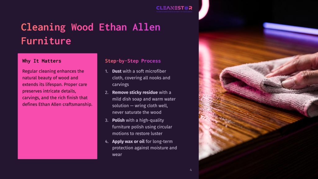 Wooden Ethan Allen Furniture Displayed On A Table, With A Microfiber Cloth And Polish, Emphasizing Cleaning Techniques And Care Steps.