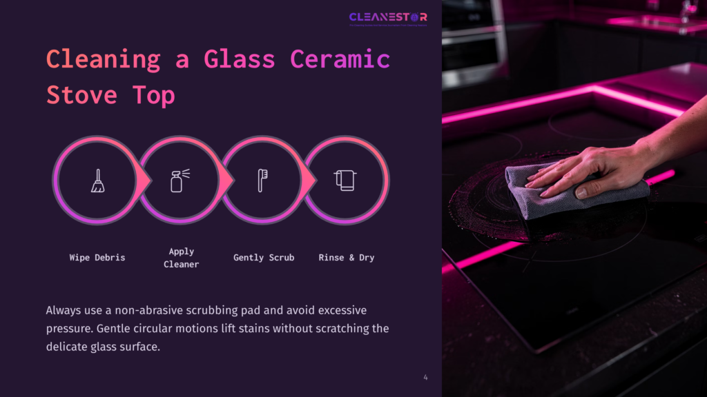 4 Cleaning A Glass Ceramic Stove Top Diagram Showing Four Steps To Clean A Glass Ceramic Stove Top: Wipe Debris, Apply Cleaner, Gently Scrub, Rinse &Amp; Dry. Text Emphasizes Gentle Circular Motions Without Excessive Pressure.