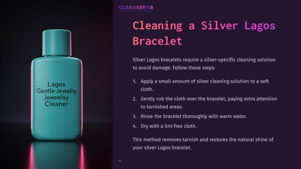 4 Cleaning A Silver Lagos Bracelet A Turquoise Bottle Of Lagos Jewelry Cleaner Stands Against A Dark Background, With Cleaning Instructions Displayed To The Right In Bold Text.
