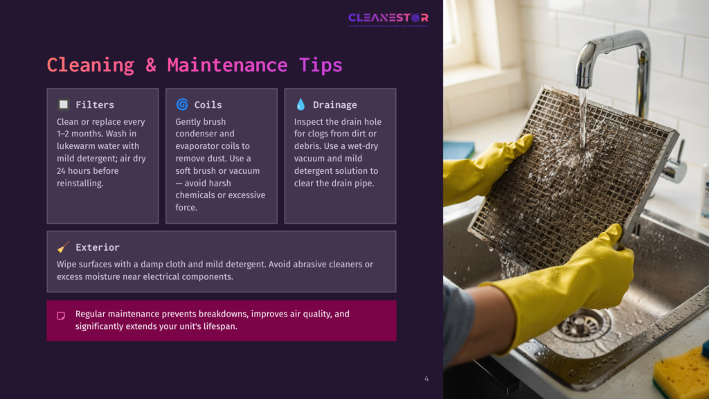 Hands In Yellow Gloves Clean A Dirty Air Conditioner Filter Under A Running Faucet, With Cleaning Tips Visible In The Background.