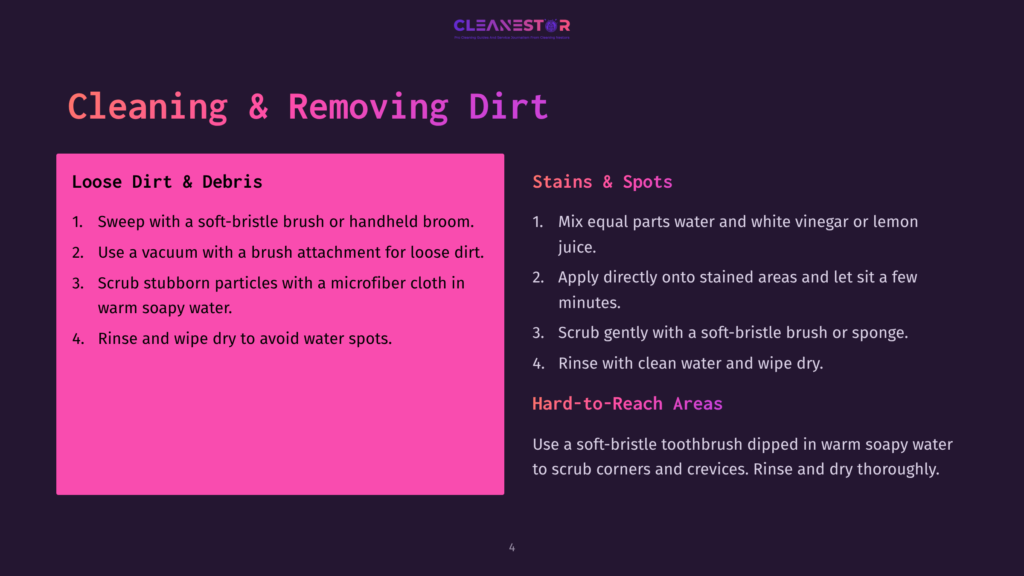 Bright Pink Section Outlines Cleaning Tips, With Black Text Detailing Methods For Cleaning Aluminum Table, Including Tools And Mixtures.