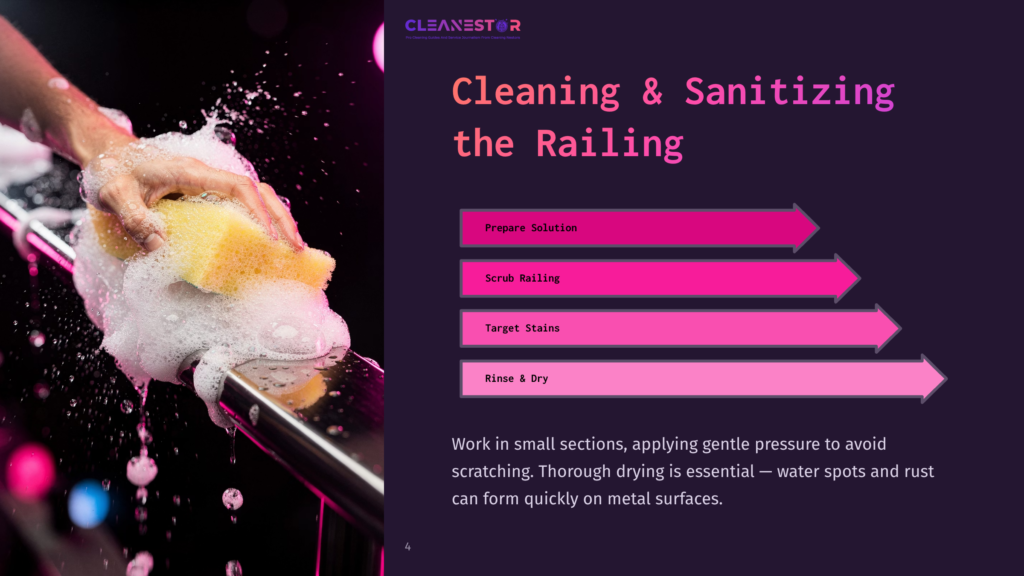 Close-Up Of A Hand Wearing A Yellow Sponge, Scrubbing A Shiny Metal Railing With Abundant White Foam. The Background Is Dark And Out Of Focus, With Pink And Purple Bokeh Lights.