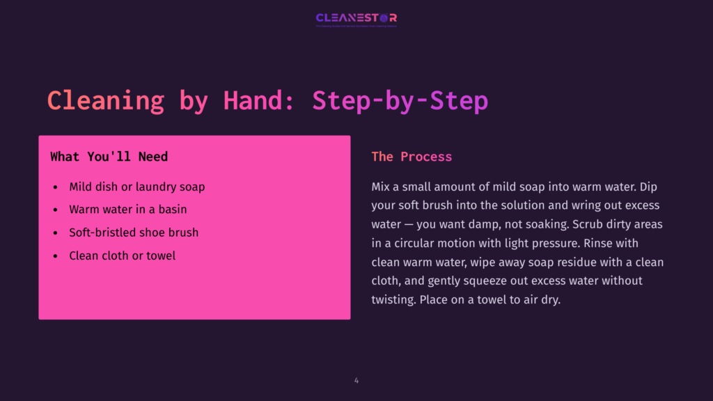 Cleaning By Hand: Step-By-Step Guide With &Quot;What You'Ll Need&Quot; And &Quot;The Process&Quot; Sections. Includes Mild Dish Or Laundry Soap, Warm Water, Soft-Bristled Shoe Brush, And Clean Cloth.