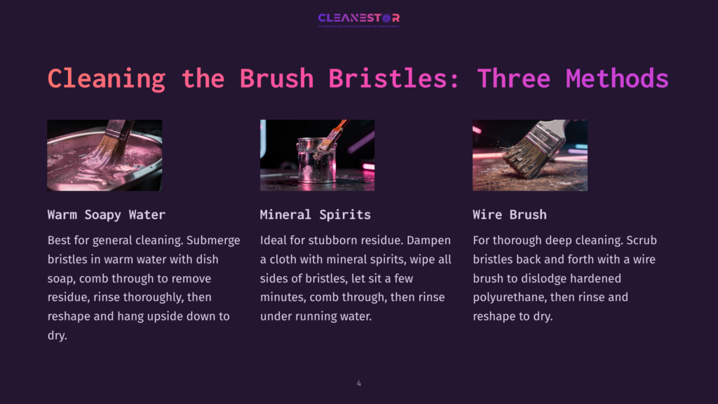 4 Cleaning The Brush Bristles Three Methods Visual Guide With Three Cleaning Methods For Paint Brushes: Soapy Water, Mineral Spirits, And Wire Brush, Each With Brief Instructions.