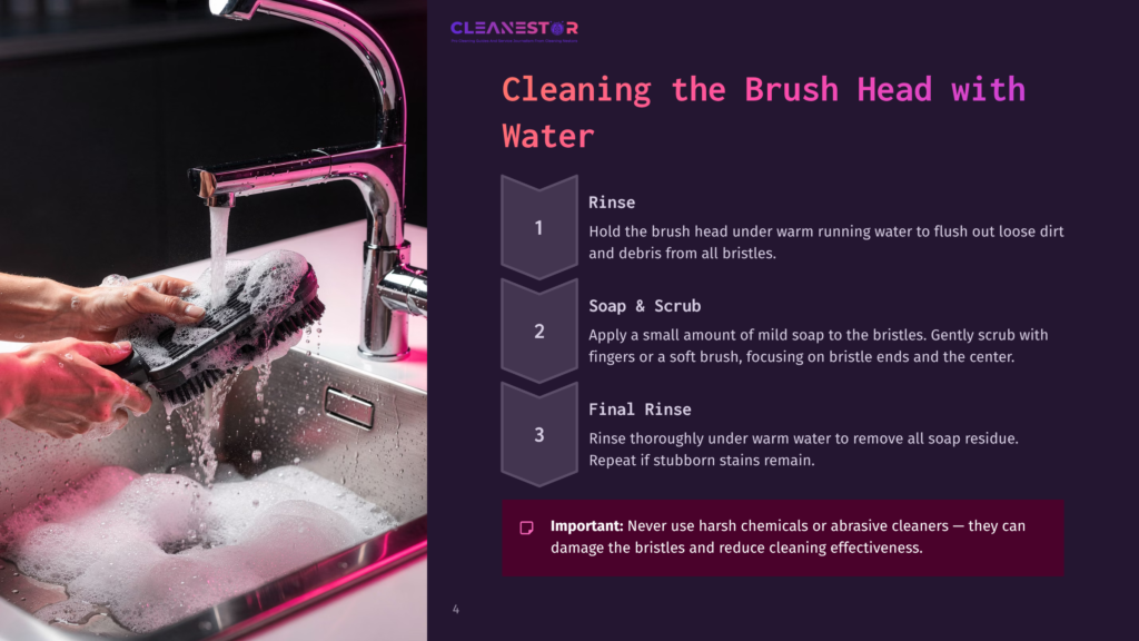 A Person Rinsing A Dyson V11 Brush Head Under A Faucet In A Sink, Holding A Sponge And Scrubbing The Bristles, With Visual Steps Beside.