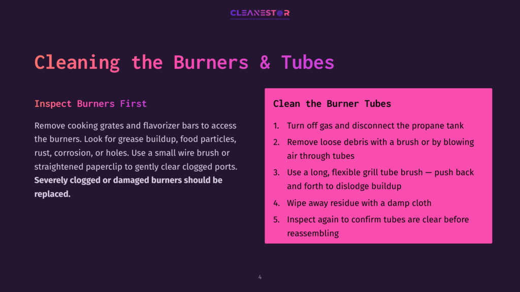 Slide Titled &Quot;Cleaning The Burners &Amp; Tubes&Quot; With Instructions On How To Clean Gas Grill Burners And Tubes, Including Safety Precautions And Cleaning Steps.