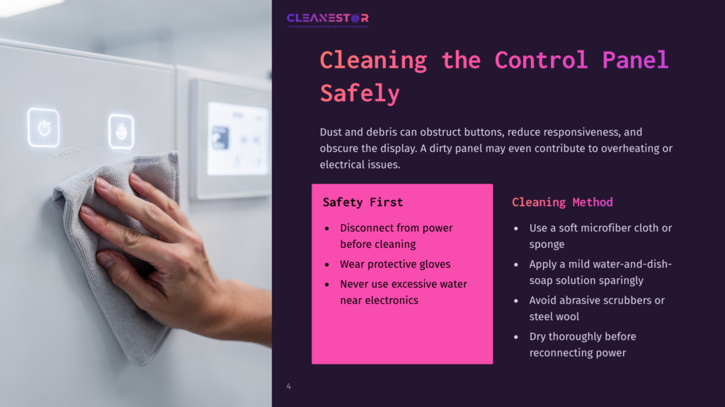 Close-Up Of A Hand In A Grey Microfiber Cloth Wiping A White Control Panel With Illuminated Icons. Text Overlay &Quot;Cleanestor&Quot; And &Quot;Cleaning The Control Panel Safely&Quot;.