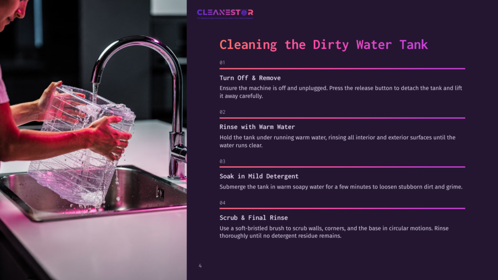 A Person Rinses A Large, Clear Plastic Water Tank Under A Kitchen Faucet. The Text &Quot;Cleanestor Cleaning The Dirty Water Tank&Quot; Is Visible.