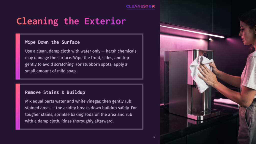 4 Cleaning The Exterior A Person Cleans A Sleek Silver Water Dispenser With A Damp Cloth, Surrounded By Purple Text Boxes Outlining Cleaning Instructions.