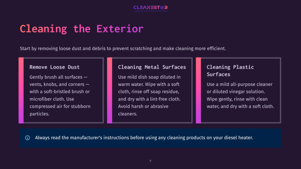 Three Distinct Sections Detailing How To Clean The Exterior Of A Vehicle: &Quot;Remove Loose Dust&Quot;, &Quot;Cleaning Metal Surfaces&Quot;, And &Quot;Cleaning Plastic Surfaces&Quot;. The Text Also Includes A Warning To Always Read Manufacturer'S Instructions Before Using Cleaning Products.