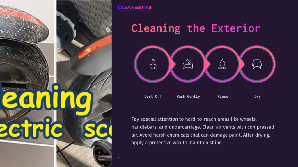 4 Cleaning The Exterior 2 Close-Up Of A Dirty Electric Scooter Wheel And Fender, With Cleaning Tools Beside It. Text Highlights Exterior Cleaning Tips.