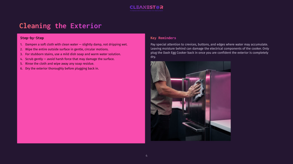 A Person In A Gray Shirt Cleans The Exterior Of A Dash Egg Cooker With A Cloth, Surrounded By A Vibrant Purple And Pink Background.