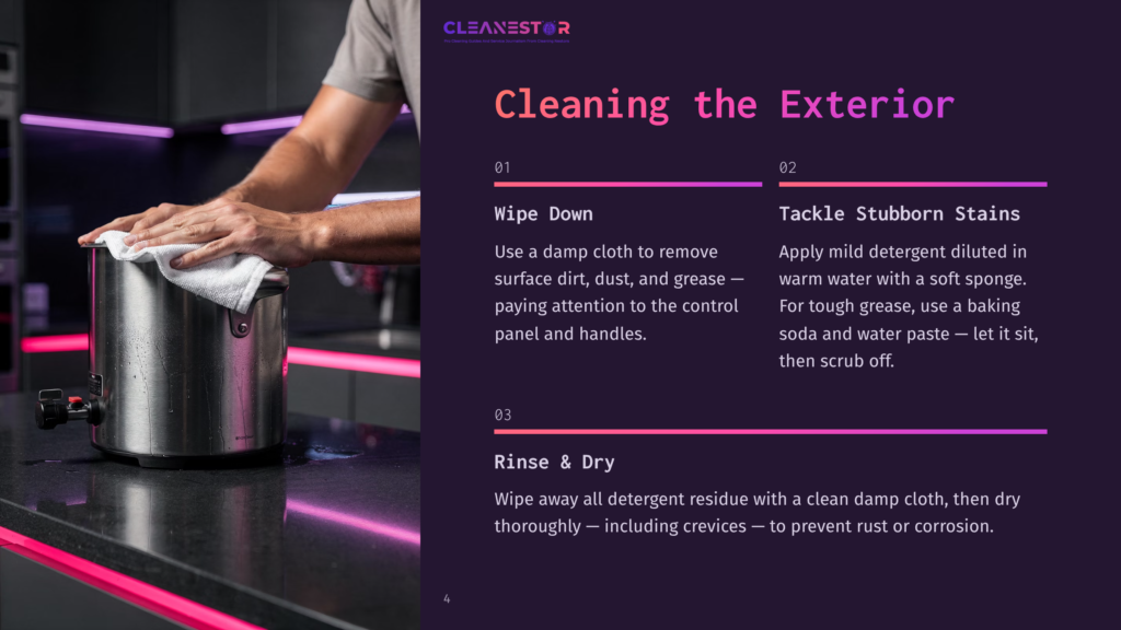 A Person Uses A Damp Cloth To Clean A Turkey Fryer, With Instructional Text And A Modern Kitchen Background Featuring Pink Lighting.