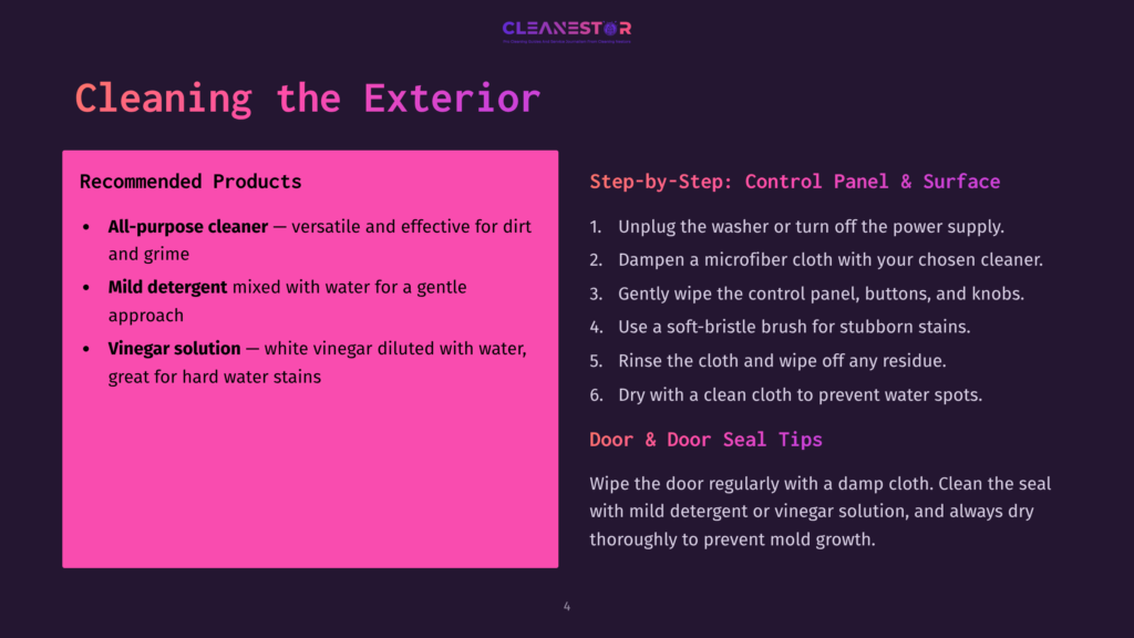 Instructions For Cleaning A Washer, Featuring A Pink And Black Layout. Lists Recommended Products And Step-By-Step Cleaning Tips.