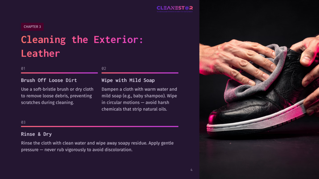 A Hand Holding A Black Leather Sneaker, With Instructions For Cleaning Shoes Over A Dark Purple Background, Featuring Bold White Text.