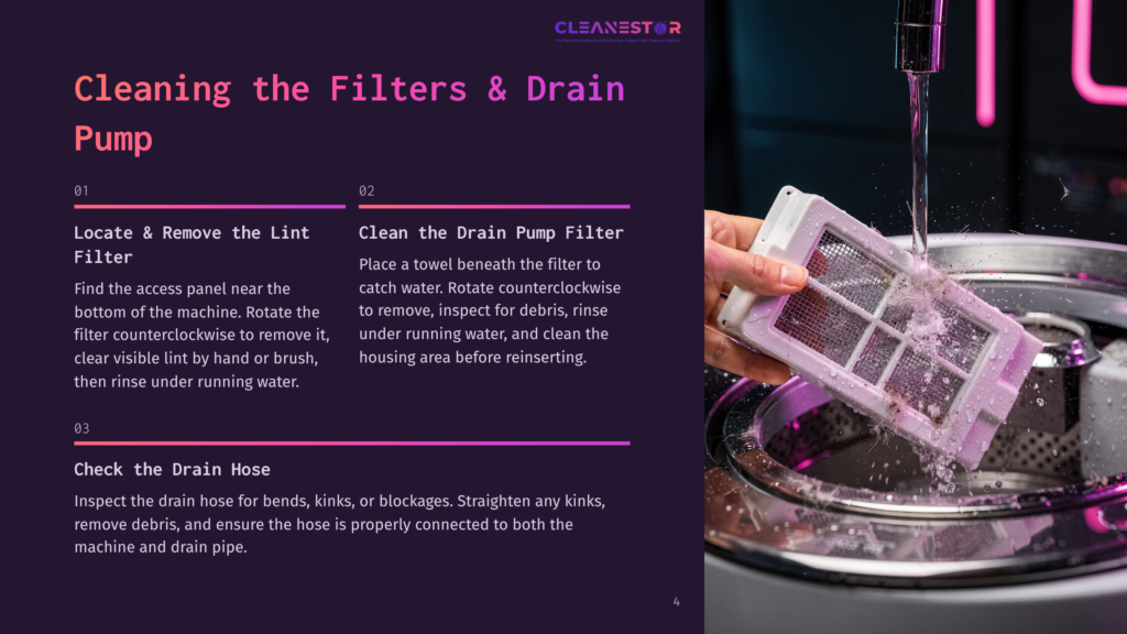 Close-Up Of A Hand Holding A Dirty Washing Machine Lint Filter Under Running Water, With The Text &Quot;Cleanestor&Quot; Visible.