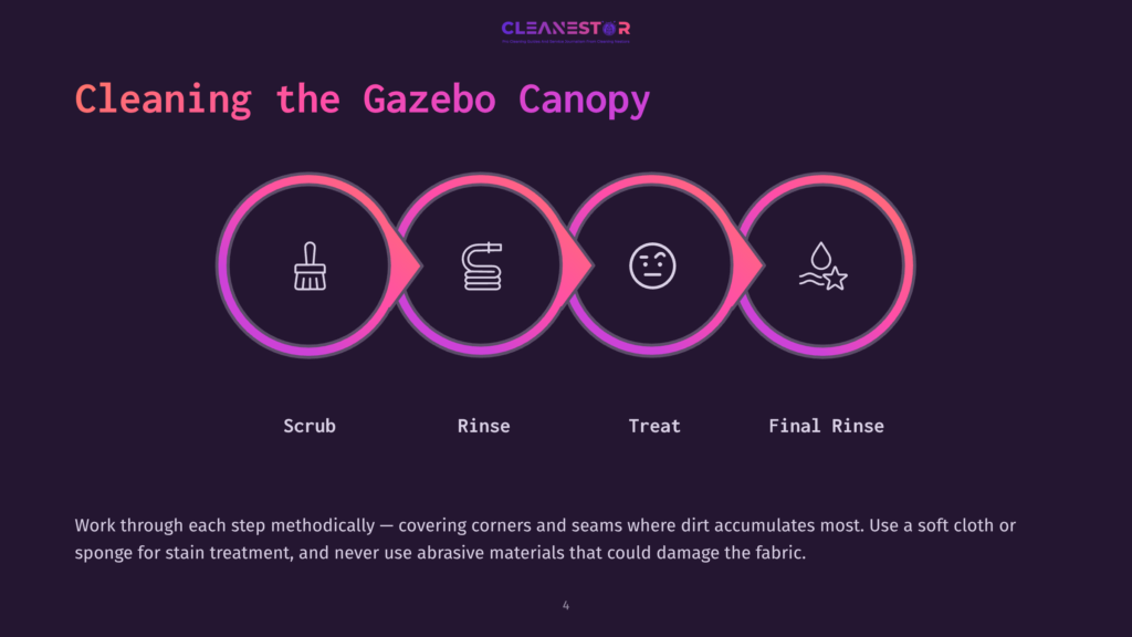 Four Icons Illustrate A Cleaning Process: A Brush (Scrub), A Hose (Rinse), A Spray Bottle (Treat), And Droplets (Final Rinse) With Pink Accents.