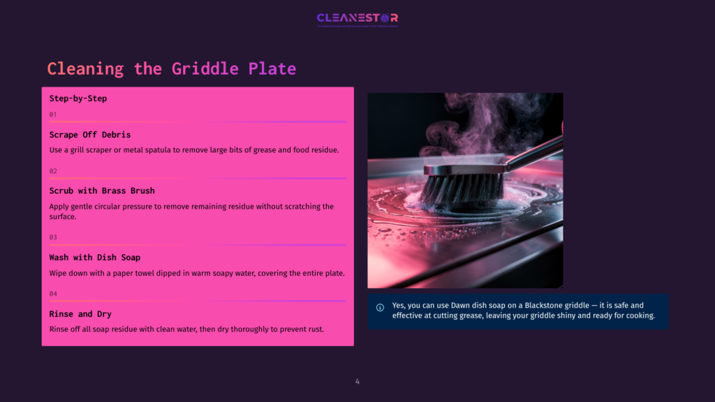 A Black Bristle Grill Brush With A Long Handle Scrubs A Griddle Plate, Creating Steam And Suds From Cleaning Liquid. The Griddle Is Shiny And Appears To Be Made Of Dark Metal.