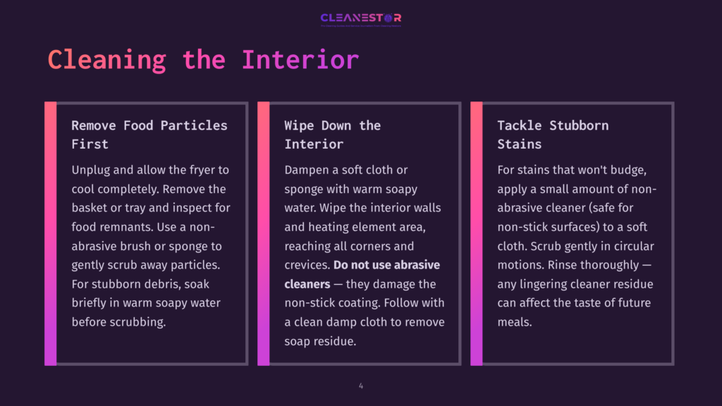 Instructional Text On Cleaning An Air Fryer With Blue And Purple Accents, Showing Steps For Removing Food Particles, Wiping Down, And Tackling Stains.