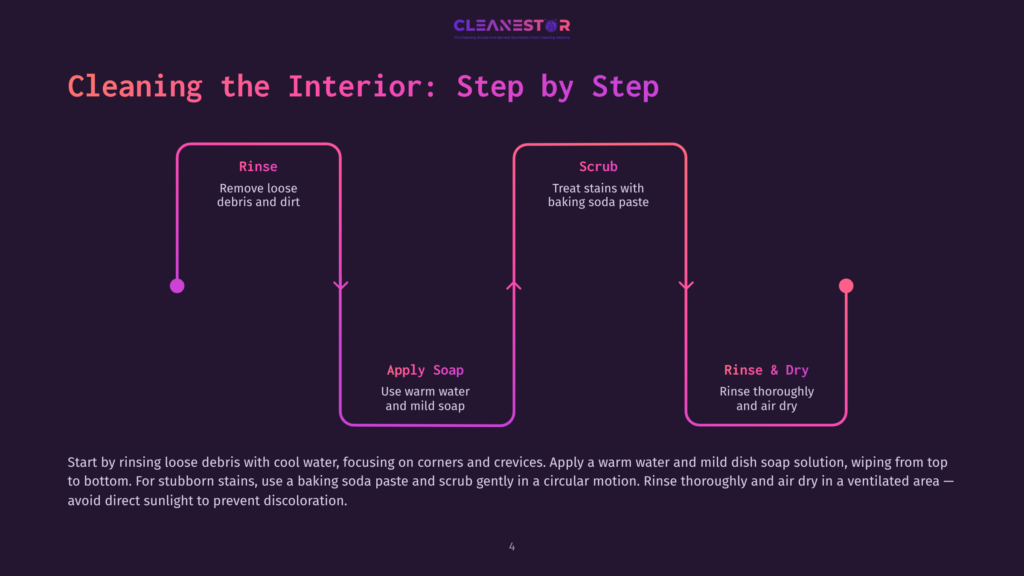 Flowchart Illustrating The Steps For Cleaning Car Interiors: Rinse, Scrub, And Rinse &Amp; Dry. Text Highlights Using Baking Soda Paste For Stains And Mild Dish Soap For General Cleaning.