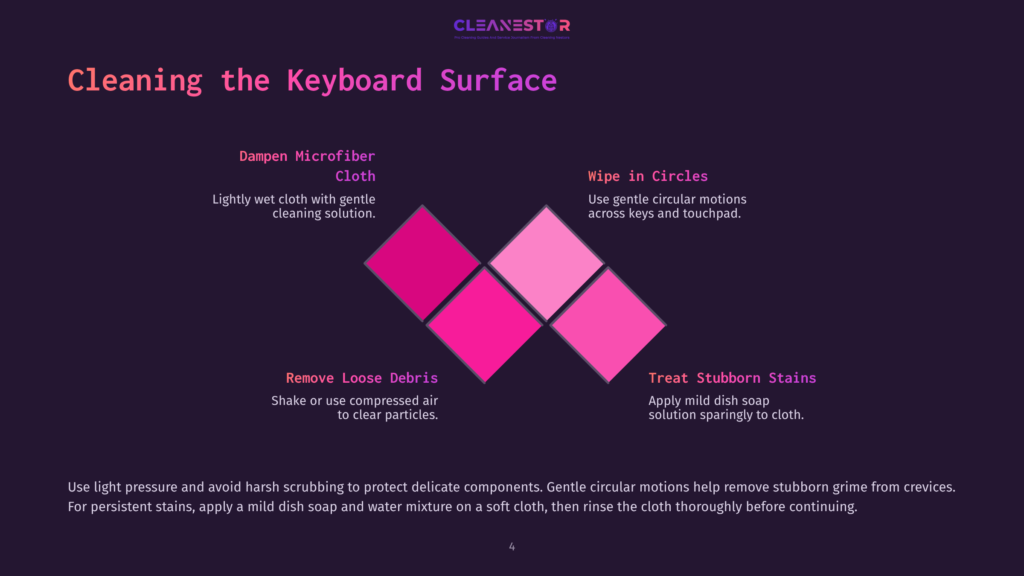 Four Pink Diamonds Arranged In A Diamond Shape On A Purple Background, With Instructional Text On Cleaning A Chromebook Keyboard.
