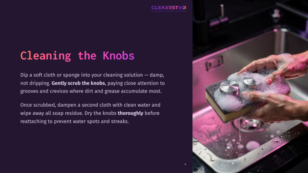 A Close-Up Of A Sponge Scrubbing Oven Knobs In A Sink, With Soap Suds, Highlighting The Cleaning Process And Tools.