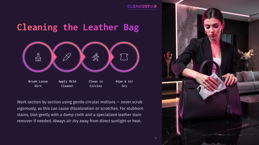 4 Cleaning The Leather Bag A Woman In A Black Outfit Wipes A Black Leather Bag With A Cloth, Surrounded By Circular Icons For Cleaning Steps.