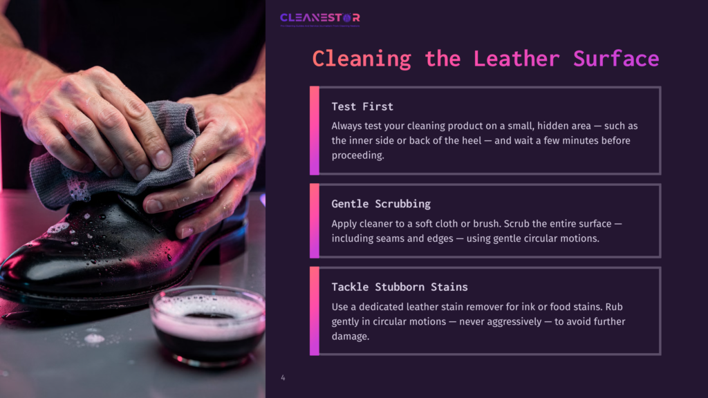 Close-Up Of Hands Cleaning A Shiny Black Leather Shoe With A Gray Cloth, With A Small Bowl Of Cleaning Solution Nearby. Text Overlay Reads &Quot;Cleaning The Leather Surface.