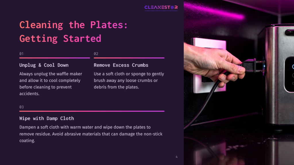 Instructions With A Purple Background Showing Steps To Clean A Waffle Maker, Featuring Icons And Text On Unplugging, Removing Crumbs, And Wiping With A Cloth.