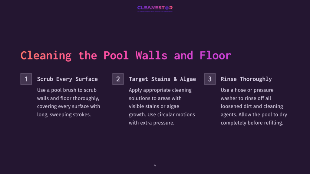 Text Instructions Outline Three Steps For Cleaning Pool Walls And Floor, With A Dark Purple Background And Bright Pink Headings For Clarity.