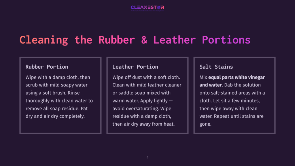 4 Cleaning The Rubber And Leather Portions Cleaning The Rubber &Amp; Leather Portions: Instructions For Cleaning Rubber, Leather, And Salt Stains With Mild Soap, Leather Cleaner, And Vinegar Solutions.