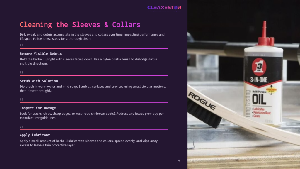 4 Cleaning The Sleeves And Collars Close-Up Of A Rogue Barbell Sleeve And Collar, With A Bottle Of Cleaning Solution Next To It On A Work Surface.