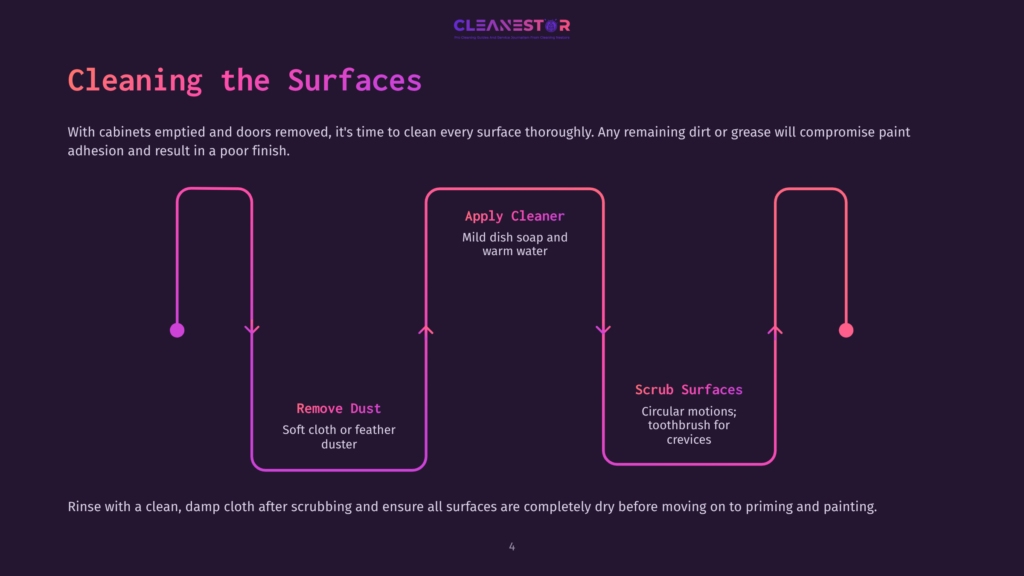 Flowchart Outlining Steps For Cleaning Surfaces Before Painting: Remove Dust, Apply Cleaner, Scrub Surfaces, With Icons And Instructions In Purple And White.
