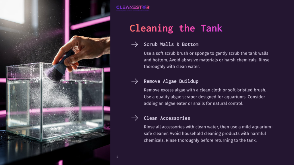 4 Cleaning The Tank A Person Scrubbing A Clear Tank With A Soft Brush, Featuring Purple Lighting And Text Instructions On Tank Maintenance.
