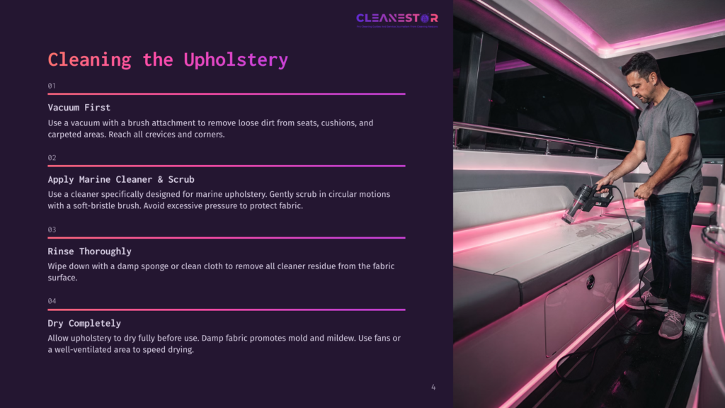 Instructions On Cleaning Boat Upholstery, Featuring Steps In Bold Text, A Vacuum, And A Cleaner Bottle On A Sleek Boat Interior With Purple Lighting.